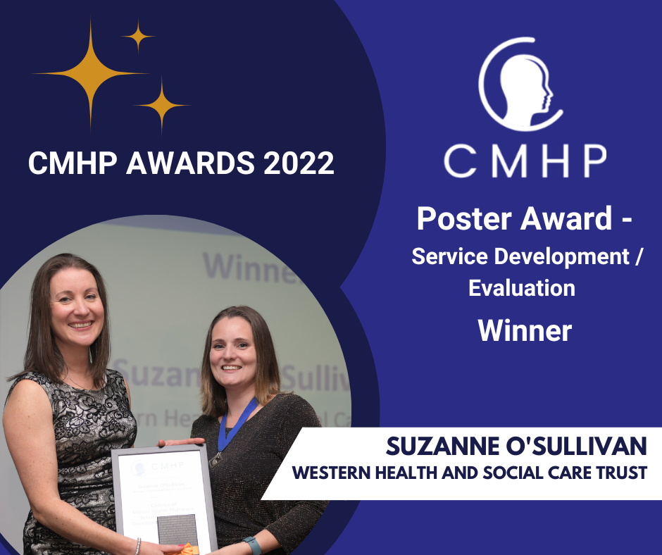 Awards graphic for poster award - service development. Shows photo of Suzanne O'Sullivan receiving her award