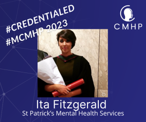 Portrait photo of Ita Fitzgerald in frame which includes CMHP logo